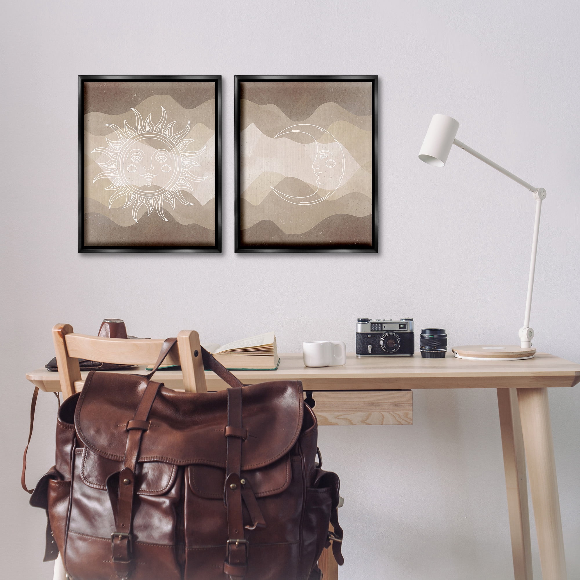 Stupell Industries Astral Boho Sun & Moon Landscape Painting Black Floater Framed Canvas Art Print Wall Art, 17 x 21, Set of 2