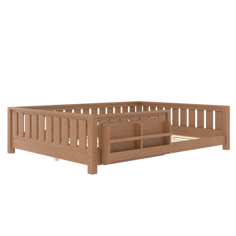 Bellemave Queen Size Floor Bed with Bookshelf, Wood Montessori Beds with Slats and Safety Guardrail, Low Profile Queen Bed Frame with Fence, No Box Spring Needed (Natural)