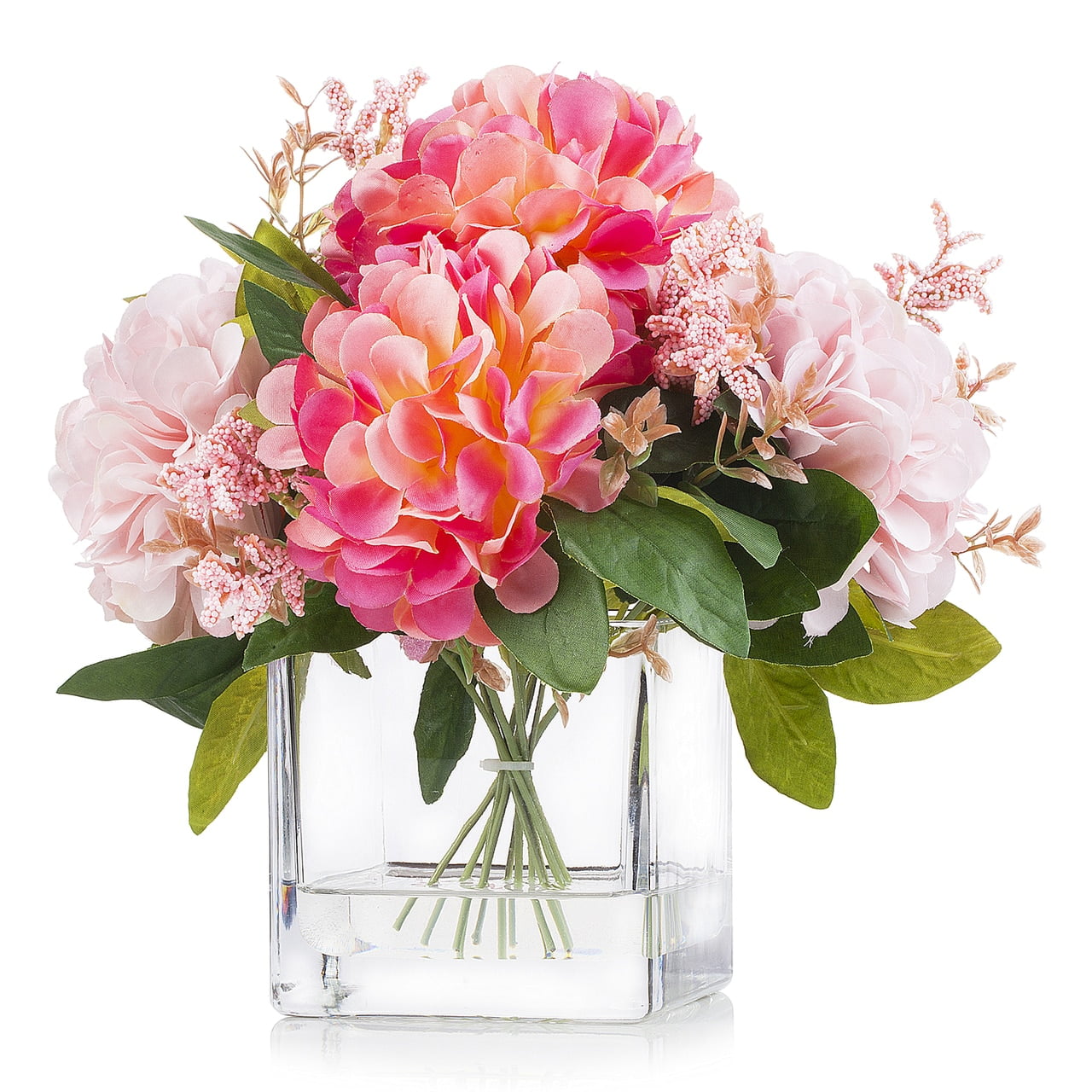 Enova Home Artificial Silk Dahlias in Cube Glass Vase with Faux Water, Fake Flowers Arrangement