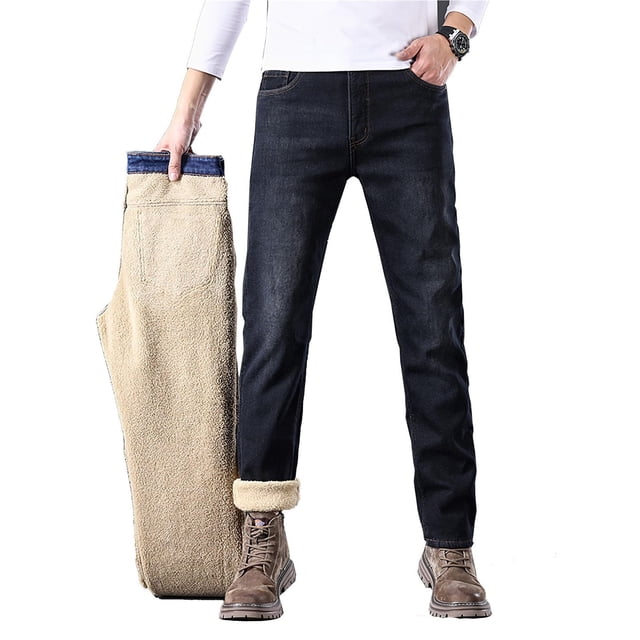Pantalones vaqueros de hombre con forro polar, corte recto, elásticos, cálidos for el invierno, color azul claro