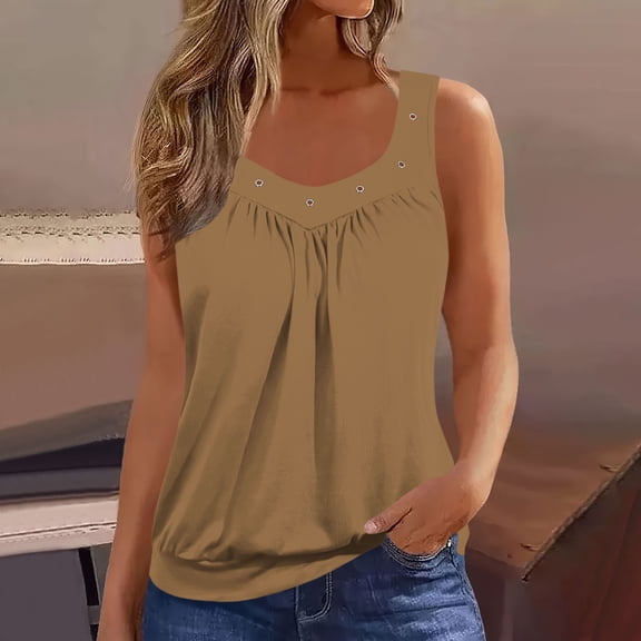 Plus Size Tank Tops for Women Summer Casual Loose Sleeveless V Neck Shirts Pleated Front Flowy Tunics New Cute Summer Tops for Women Brown XL