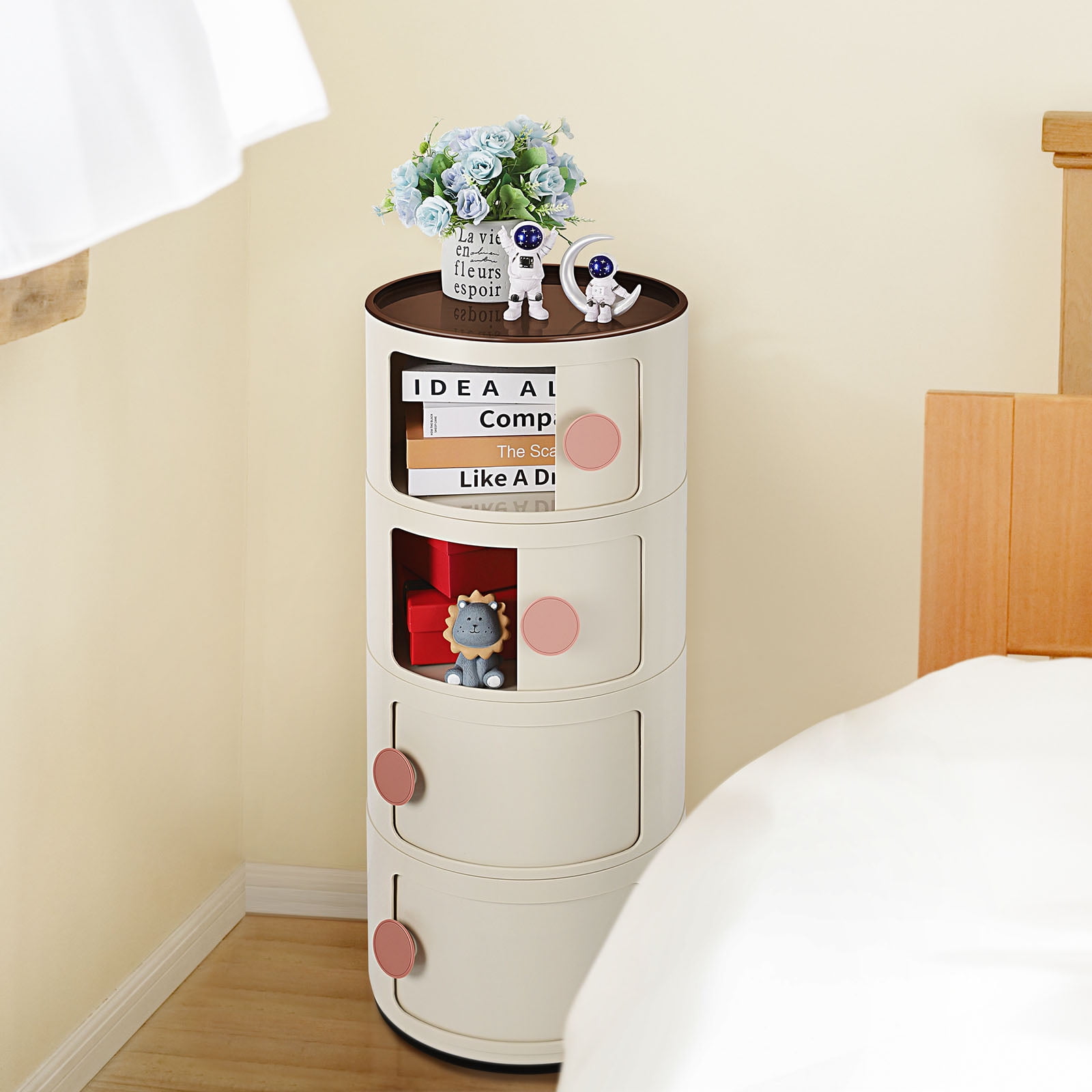 4 Drawer Sliding Barrel Modern Bedroom Nightstand, Beige