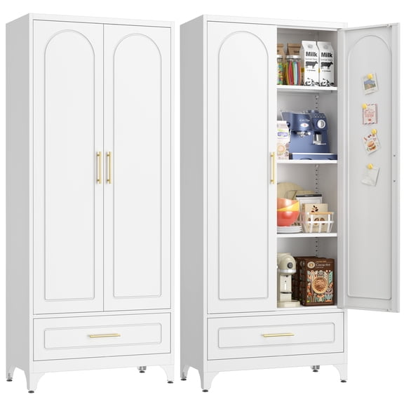 UNICOLY 75" H Metal White Kitchen Pantry Storage Cabinets with Drawer, Doors and Shelves, Steel Large Cupboard