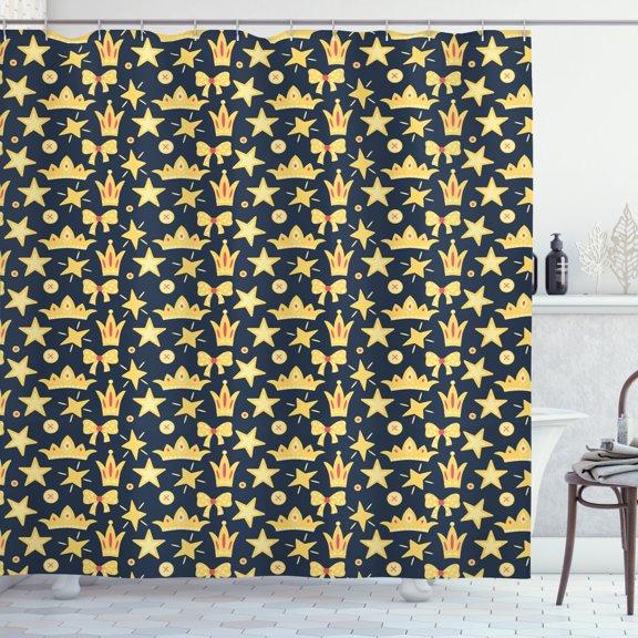 Crown Shower Curtain, Childish Nursery Themed Stars Ribbons Bow Baby Shower Resembling Shapes, Fabric Bathroom Set with Hooks, 69W X 70L Inches, Dark Slate Blue Mustard, by Ambesonne