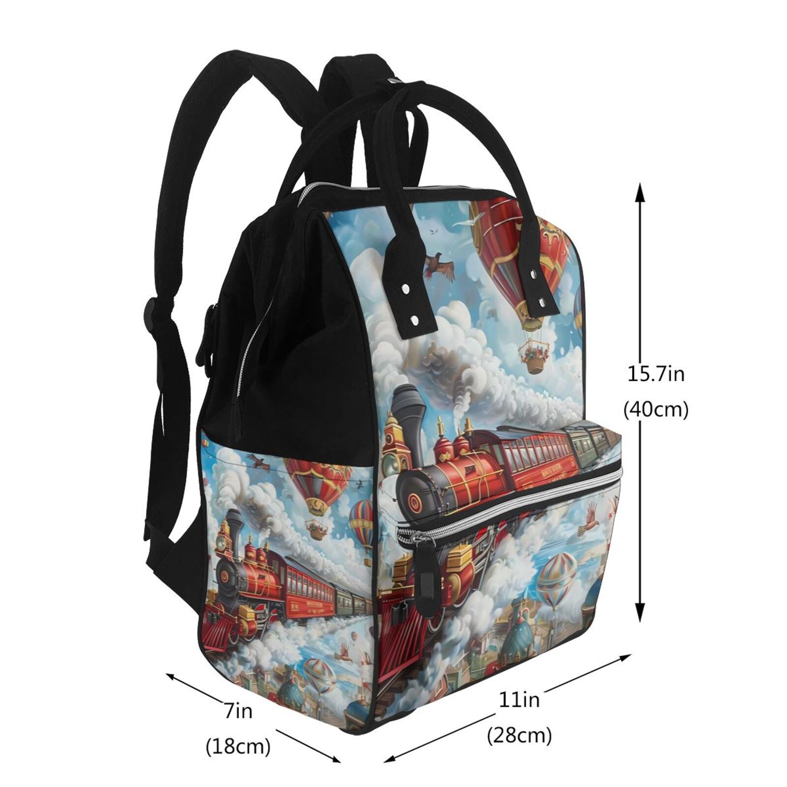 Ratiio Red Train Hot Air Balloon Mummy Backpack - Waterproof Twill Canvas, Large Capacity Diaper Bag with Multiple Pockets and Adjustable Straps