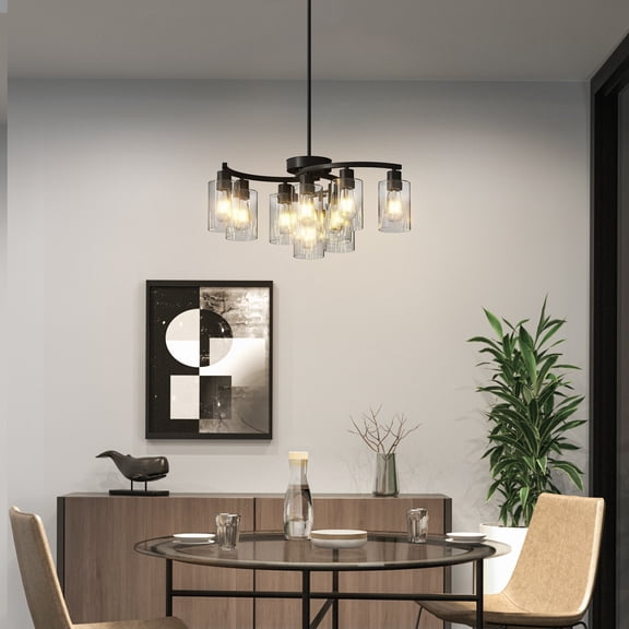 GCGAFUL 9-Light Farmhouse Chandelier, Modern Matte Black Pendant Light with Clear Glass, Height Adjustable Industrial Hanging Lamp for Kitchen Island