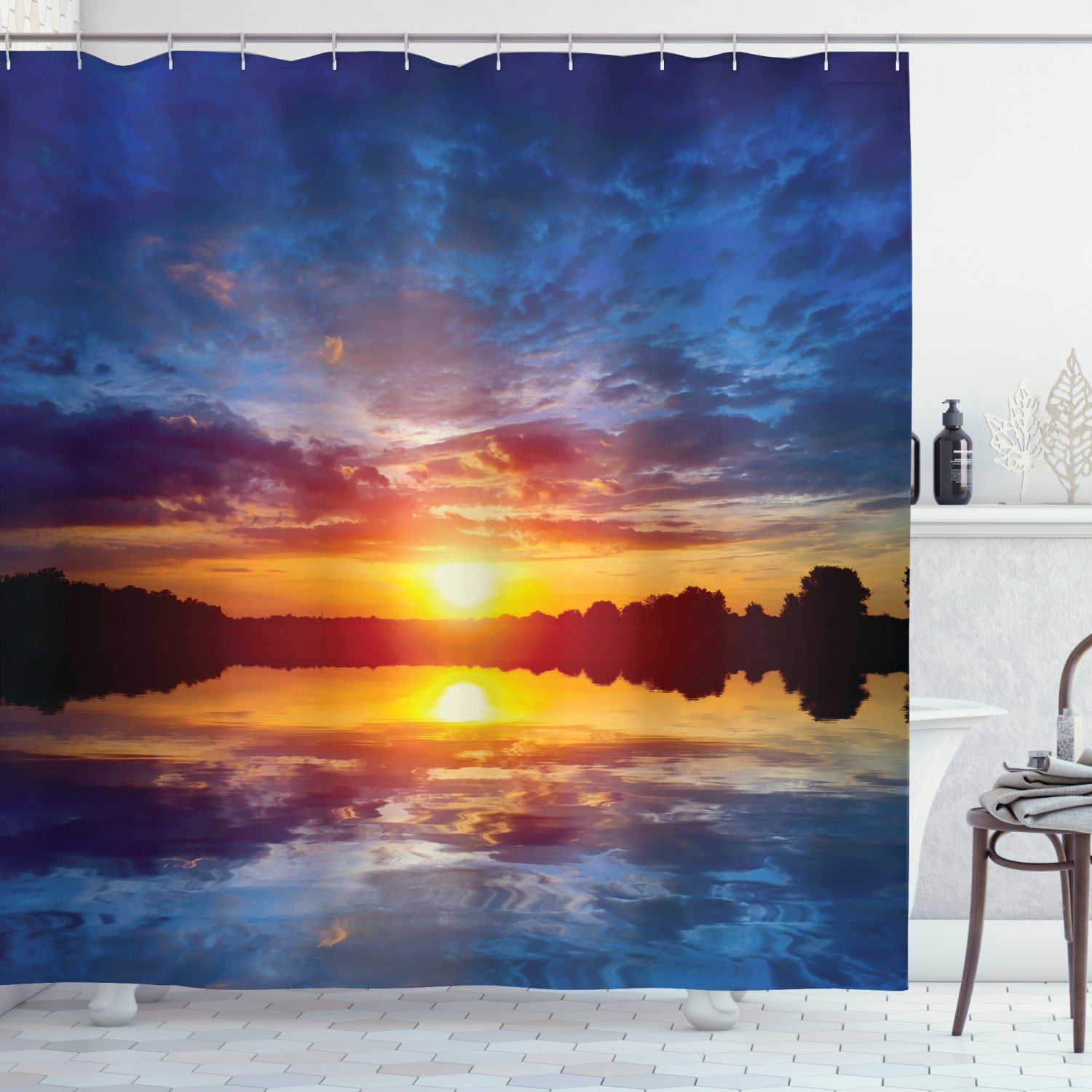 Lake Shower Curtain, Dreamy Sunset Scenery with Reflection on the Lake ...