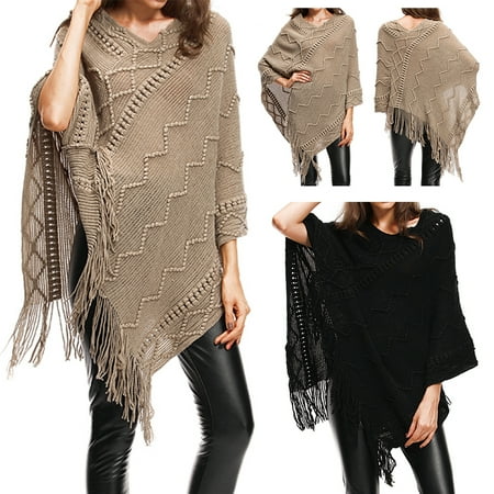 Knit Tassel Fringed Pullover Poncho Sweater Cape Shawl Wrap for...