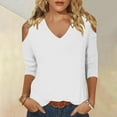 thumbnail image 2 of Fjofpr Women's V-Neck 3/4 Sleeve T-Shirt Cold Shoulder Blouse- Solid Color Basic Casual Tee, 2 of 6