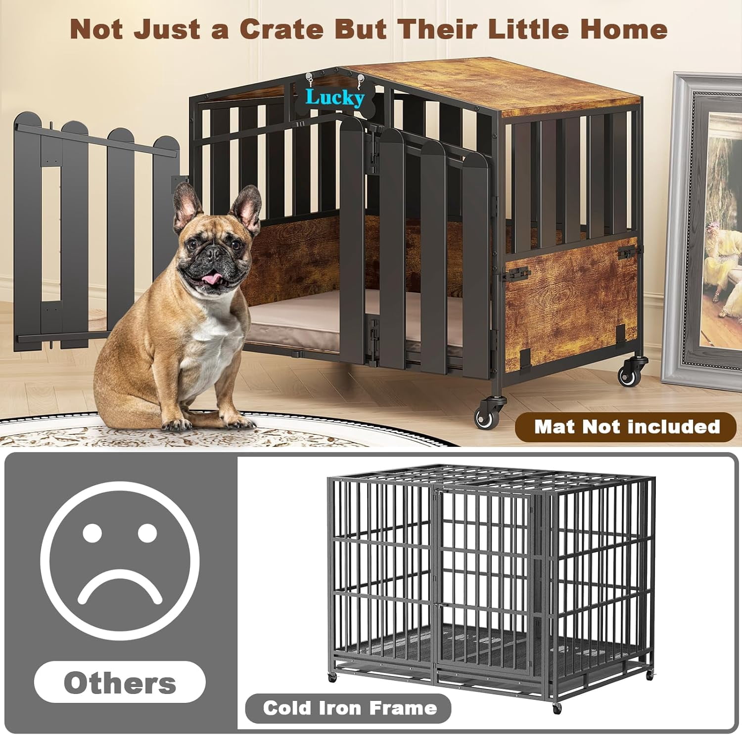 POAO 31"Heavy Duty Dog Crate Furniture with 360°Wheels,Dog Kennel Indoor for Small Dogs,Wooden Dog Cage with Feeding Window &Name Tag,Brown