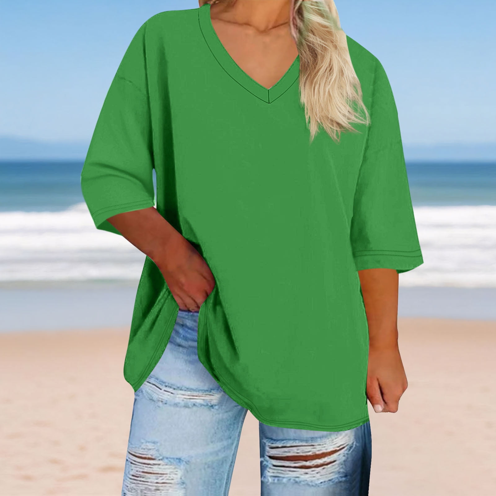 3/4 Sleeve Tops for Women Plus Size XL-5X V Neck T Shirts Womens Casual Solid Color Loose Pullover Breathable Basic Athletic Workout Tees Top