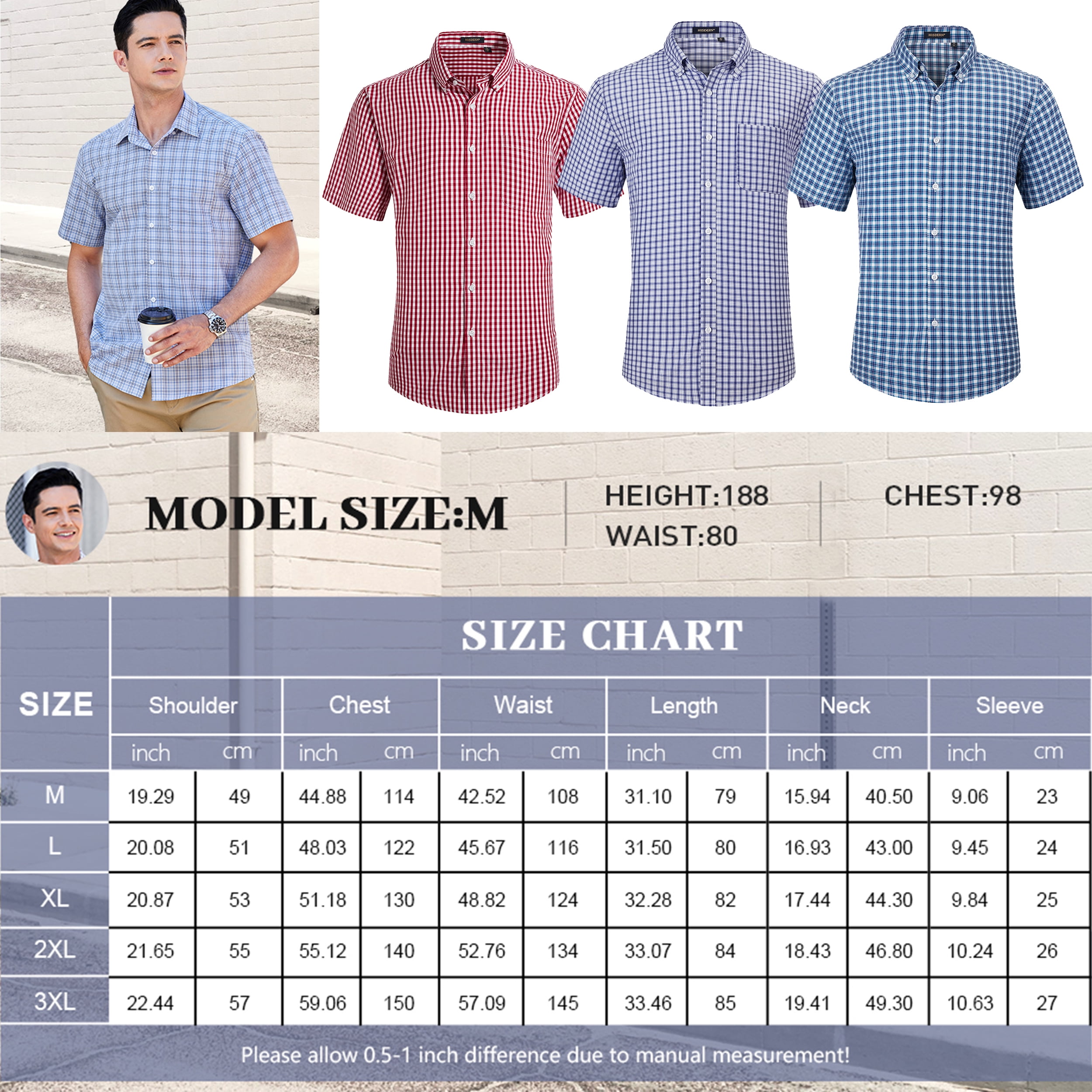 Mens Plaid Shirts Short Sleeve Summer Button Down Shirt Formal Business Work Red Shirts with Pocket