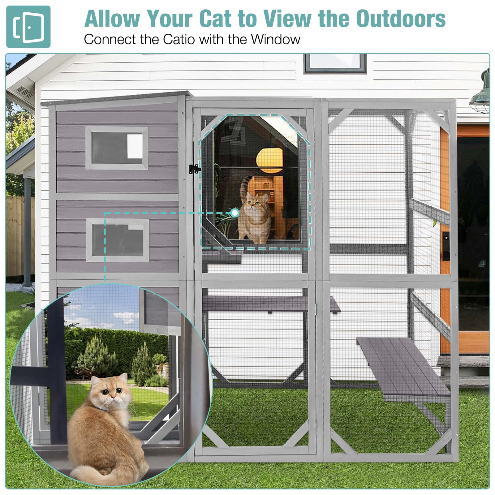 BUTINGLALE Large Catio Outdoor Cat Enclosure with 4 Tiers Weatherproof Roof Kitty House for Outdoor Cats, 77 Inch Heavy-Duty Cat House (Grey, Extra Large)