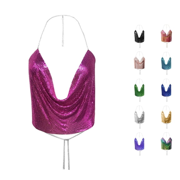 Tanghaowl Tank Tops for Women, Women Print Chain Beaded Crop Top Sleeveless Backless Club Tank Red M