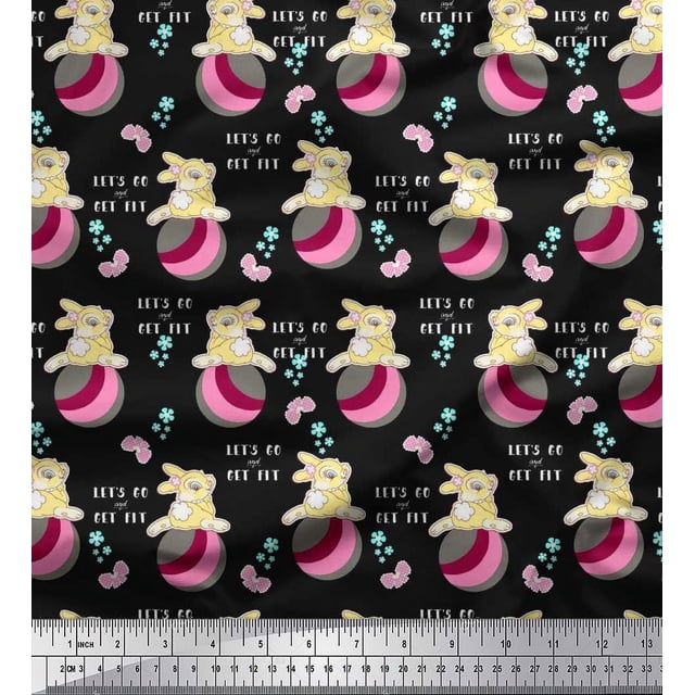 Soimoi Poly Georgette Fabric Text,Ball & Bunny Kids Print Fabric by Yard 42 Inch Wide
