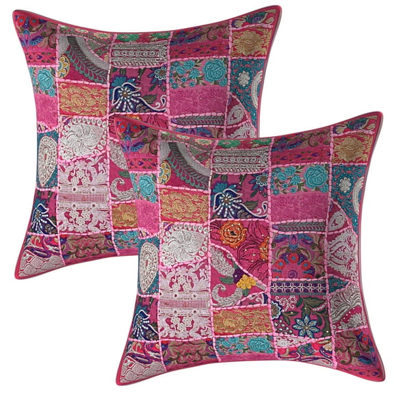 Stylo Culture Ethnic Couch Cotton Pink Large Throw Pillow Covers 24x24 Patchwork Vintage Indoor Outdoor Pillow Covers Abstract Floral 60x60 cm Decorative Cushion Covers (Set Of 2)
