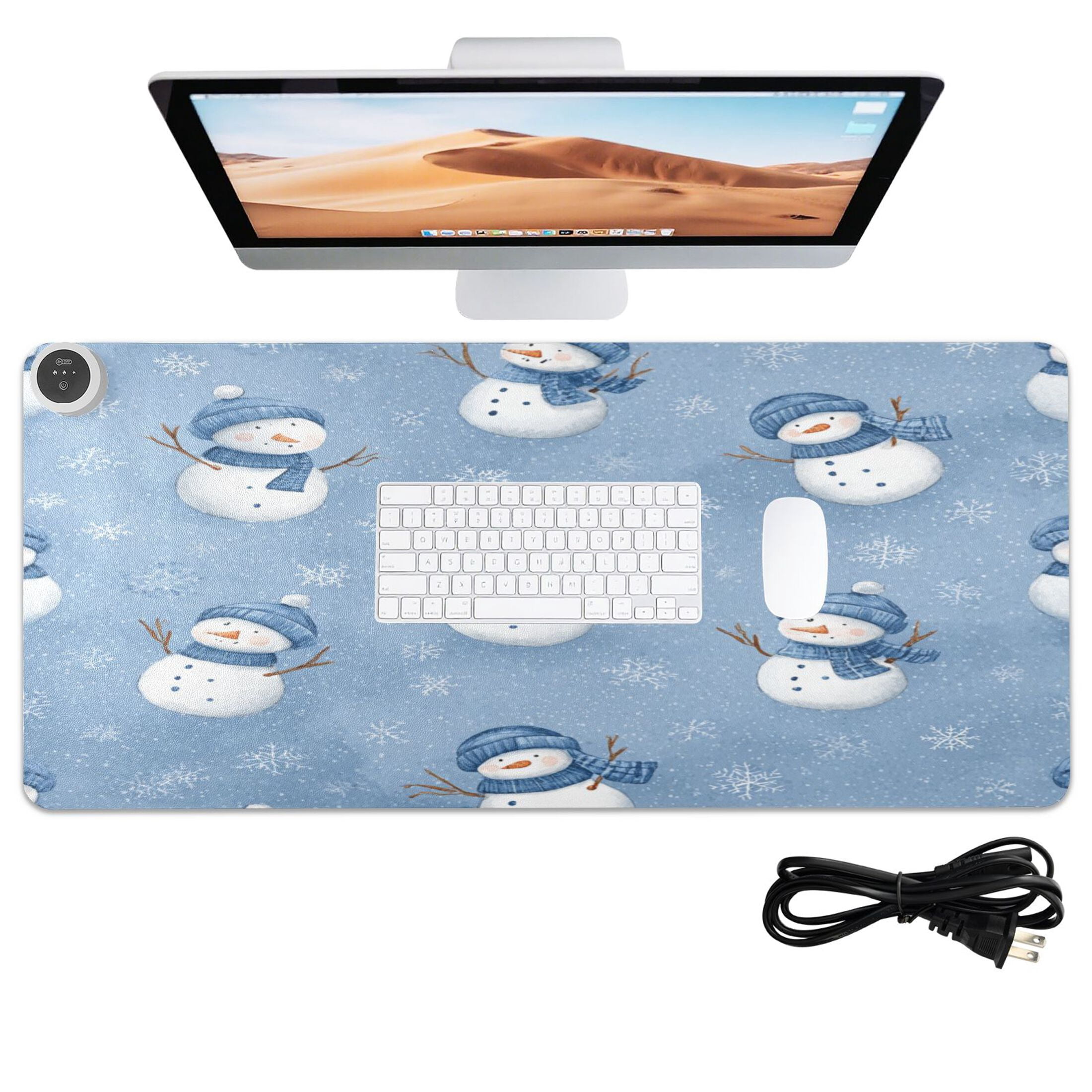 Large Heated Desk Mat Mouse Pad 31.5"x13"PU Leather Graphene Heating Desk Warmer with 3 Temperature Settings 110V US Plug Non-Slip Warm Pad for Home, Office, and Gaming Cute Branch Snowman Pattern