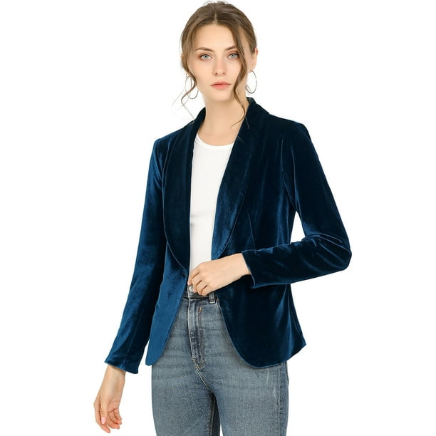 Abrigo De Oficina Para Mujer Chaqueta De Terciopelo Con Botones Y Cuello Chal Sólido Azul profundo L