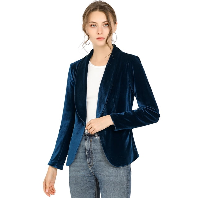 Abrigo De Oficina Para Mujer Chaqueta De Terciopelo Con Botones Y Cuello Chal Sólido Azul profundo XS