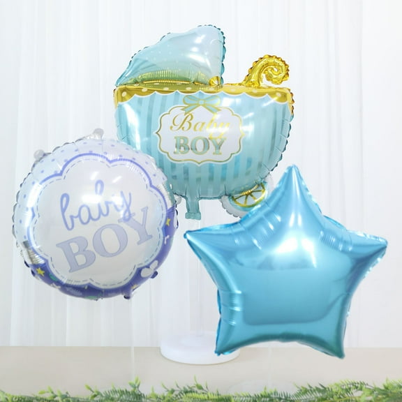Efavormart Set Of 5 | Blue/White Boy Baby Shower Mylar Foil Balloon Set, Star, Round And Baby Carriage Balloon Bouquet With Ribbon, Gender Reveal Party Decorations