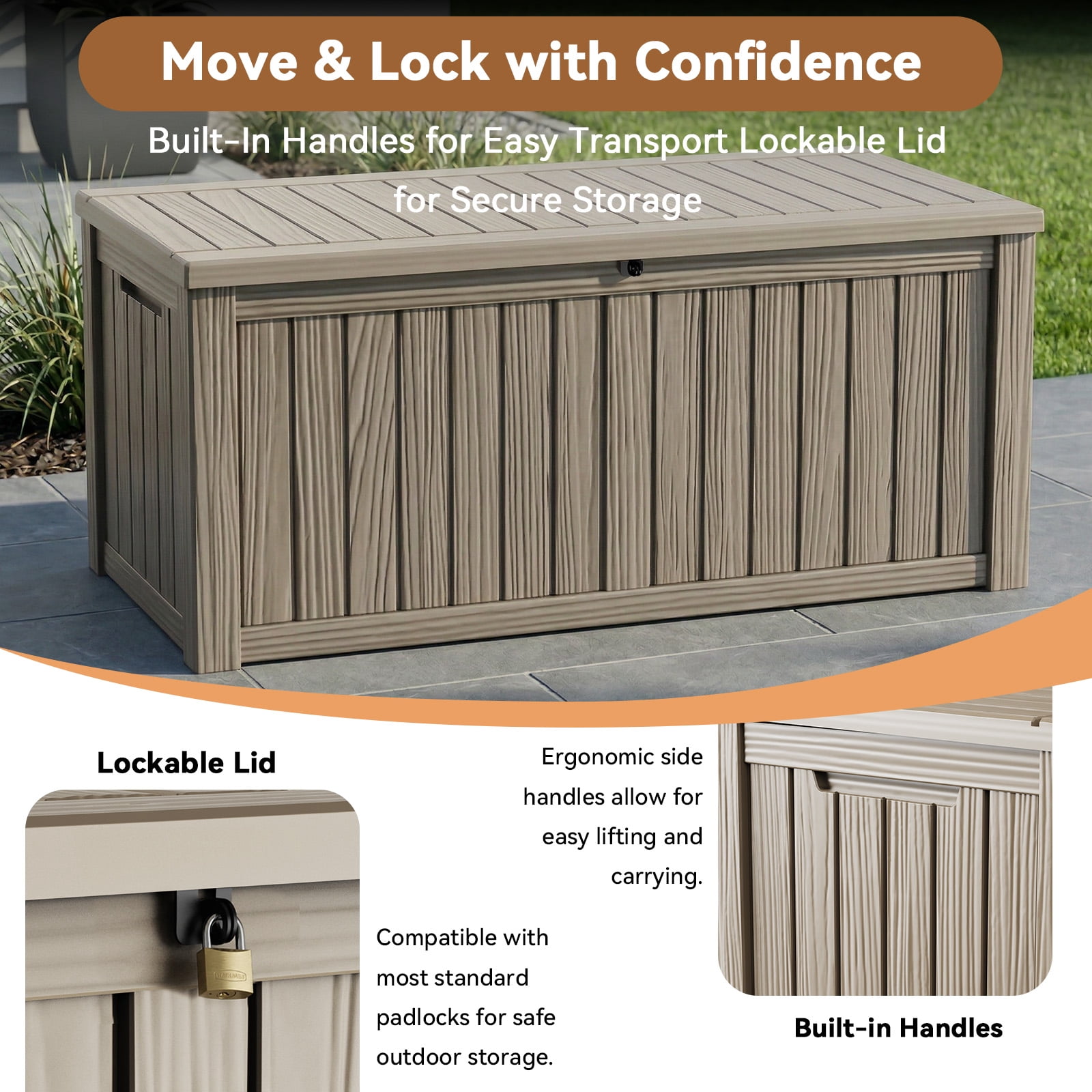 EASY UP 120gallon outdoor resin storage deck box, weather-resistant and lockable, suitable for storing tools, clothing, and packages; ideal for garages, gardens, and bedrooms (LIGHT BROWN).