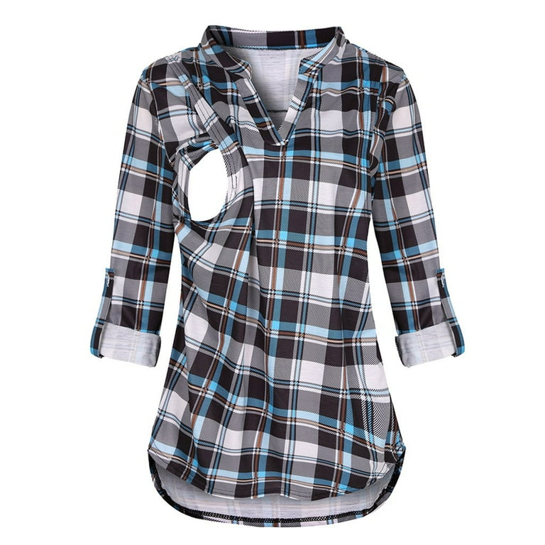 Celivon Womens Maternity Nursing Tops Long Sleeve V Neck Plaid