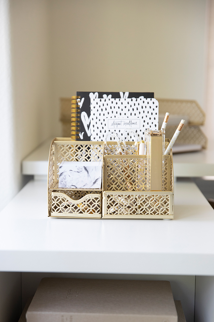 Riviera Designer Metal Desk Organizer with Drawer - Gold