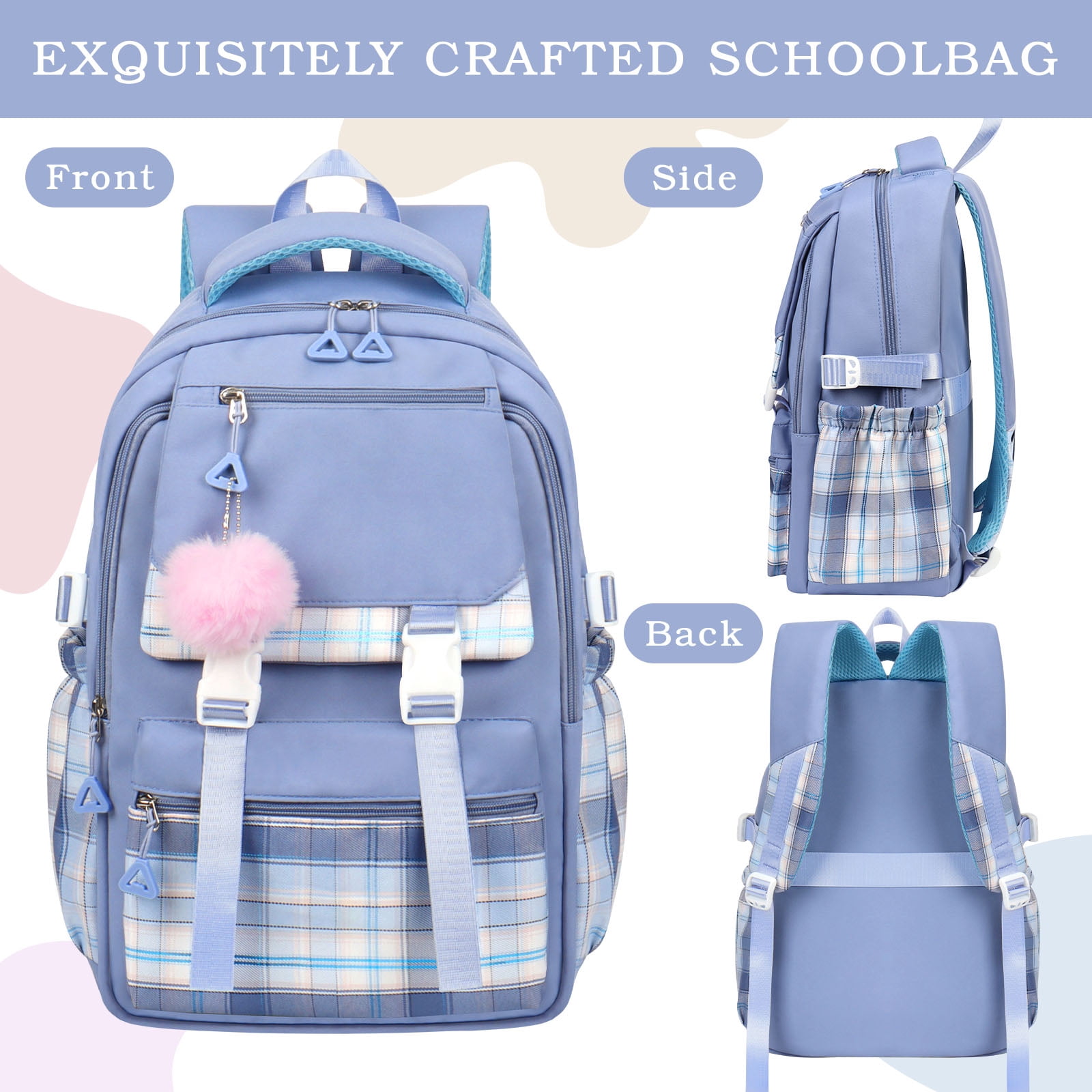 DAKIMOE Blue School Backpack for School, Travel, Work, Large Capacity Waterproof Bookbag with 7 Compartments and Luggage Belt