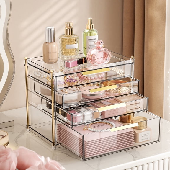 Kisportee Makeup Drawer Organizer, Clear Plastic 4 Tier Drawer Bathroom Counter Organizers, Makeup Organizer for Vanity, Plastic StorageBins for Cosmetic, Skincare, Face Mask, Jewelry