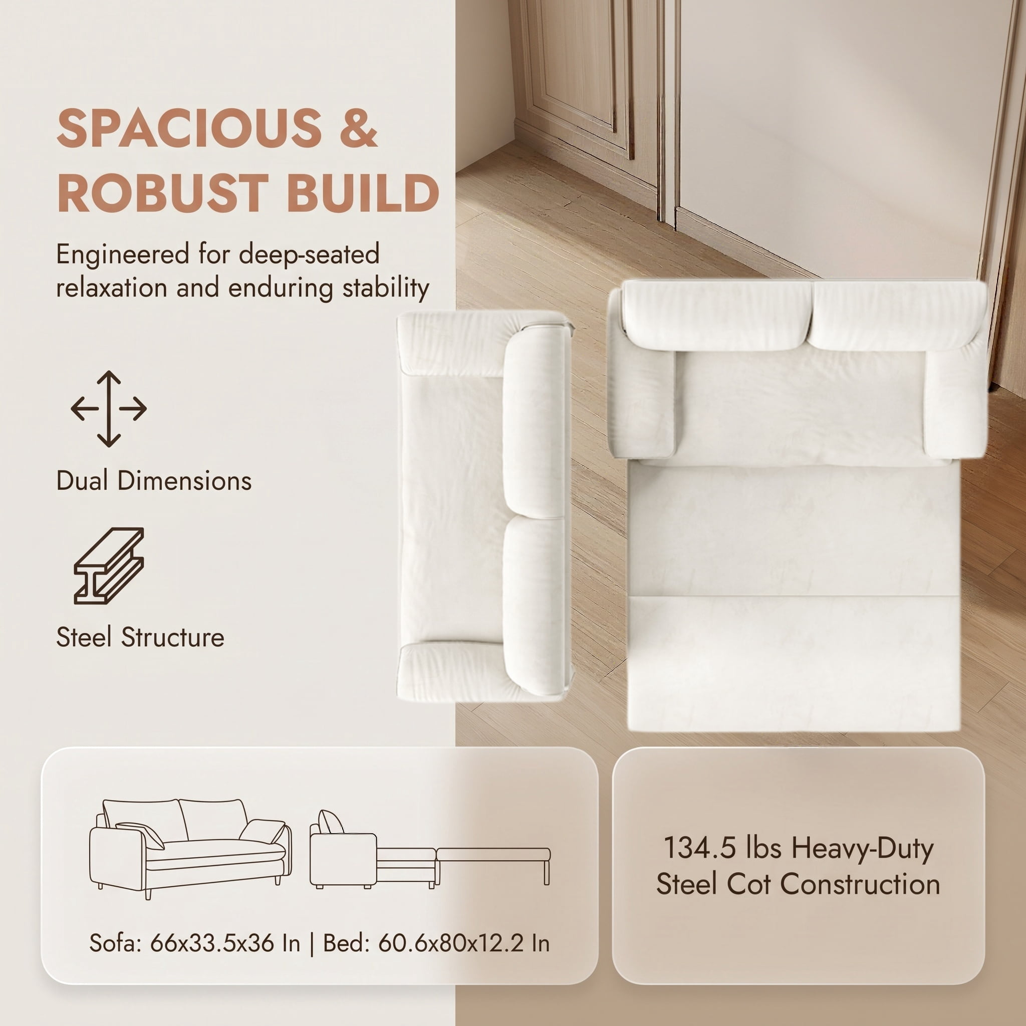 3-in-1 Queen Pull Out Sofa Bed, 66" Velvet Convertible Sleeper Couch with Deep Seat & Storage Pocket, Modern Folding Futon Sofa Bed, Beige