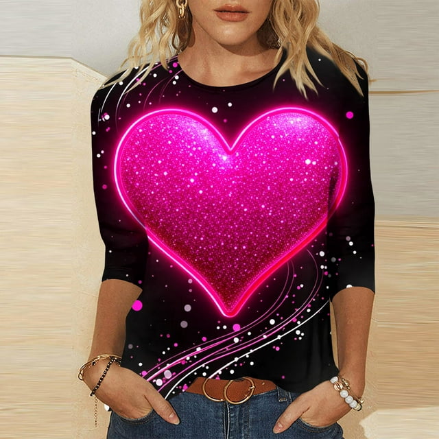 TaTaai Haut à Manches 3/4 Superposées avec Imprimé Cœur et Col Rond pour Femmes, Choix de la Saint-Valentin, Mode Décontractée Quotidienne, Cadeau pour la Maison