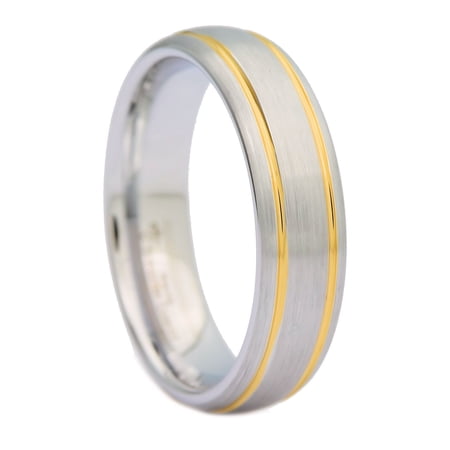 MJ Metals Jewelry Unisex White Tungsten Carbide 6mm Brushed 2 Gold Stripes 6mm Wedding Ring Size 7.5