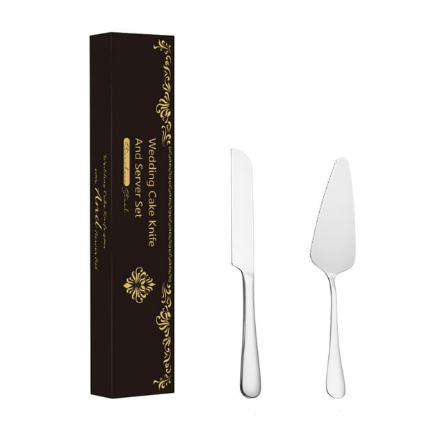 Juego de cuchillo para pan y espátula para pastel de acero inoxidable | Hoja dentada larga para cortar pastel, queso y pizza | Cubiertos gruesos y resistentes con caja de regalo para bodas y fiestas