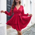 thumbnail image 4 of Vestido corto con cuello en V para mujer, manga larga, cintura con lazo, informal, con volantes, dobladillo cansado, minivestido fluido con vuelo, rojo vino L, 4 of 8
