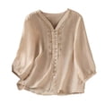 thumbnail image 3 of Women's Cotton Linen Embroidered V Neck Short Sleeve T Shirt Loose Summer, 3 of 5