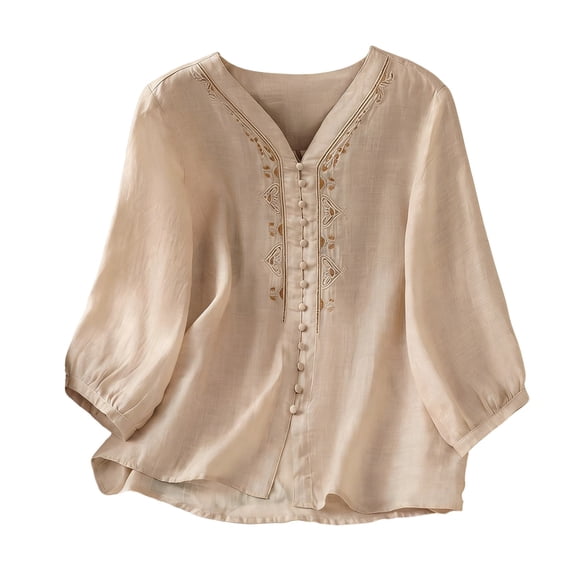 MEICHEN Cotton and Linen Embroidered Short Sleeved Top Summer V Neck Versatile and Loose T Shirt for Women