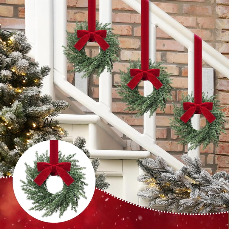 8 Pack Small Christmas Wreaths - Real Touch Norfolk Pine With Plaid Ribbon | 7.8" Wreaths For Cabinet, Door & Window Decor
