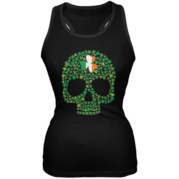 St. Patricks Day - Shamrock Skull Black Soft Juniors Tank - Small