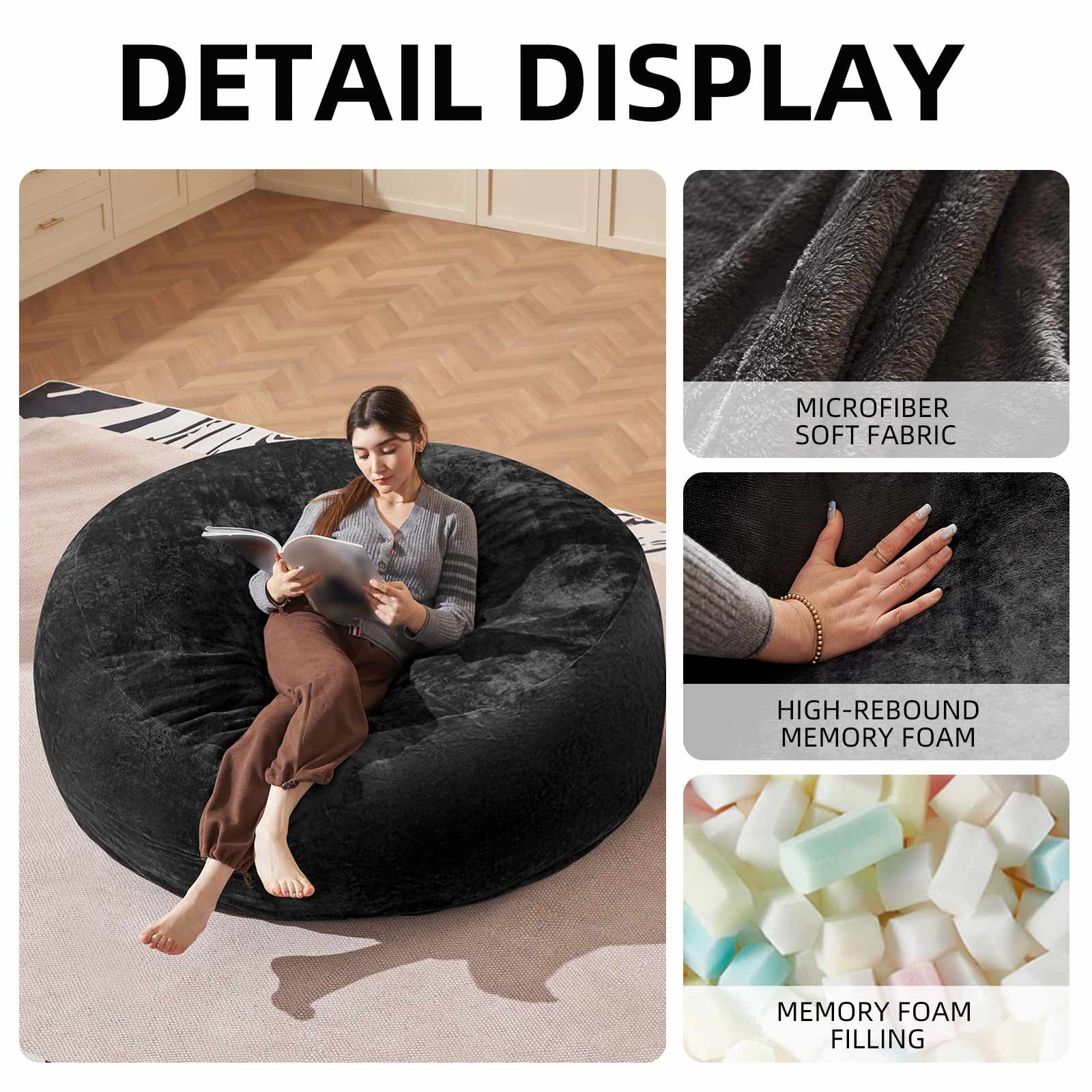 Bean Bag Chair 6FT,  Large Memory Foam Filled Chair for Adults and Teens, Soft Sofa with Removable Flannel Cover, Round Couch for Living Room Bedroom College Dorm