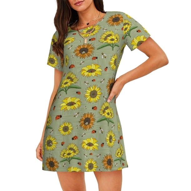 Disketp Sage Green With Sunflowers para Camisón Corto de Manga Corta para Mujeres, Camisón Cómodo con Escote Redondo, Bonito y Confortable
