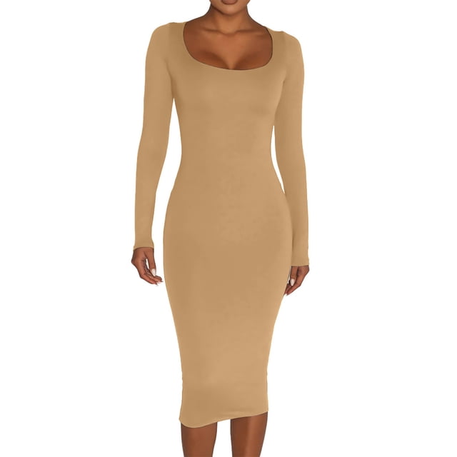 Aqestyerly Robe d'Hiver pour Femme, Couleur Unie à Col Rond, Manches Longues, Coupe Ajustée, Épaissie, Longueur Genou, Robe pour Porter au Chaud HWRETIE