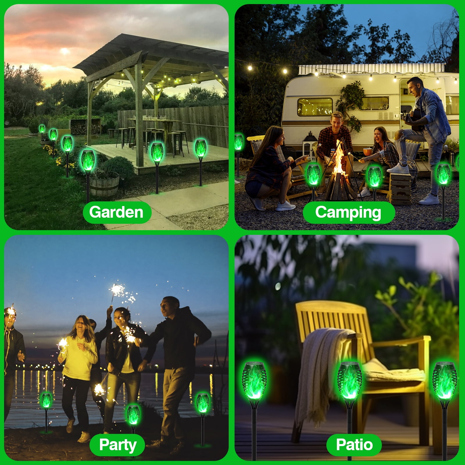 4PCS Solar Lights Outdoor, Solar Torch Light W/Green Flickering Flame for Garden Decor, Solar Garden Lights, Waterproof Solar Powered Lights for Outside Patio Pathway Yard Decoration