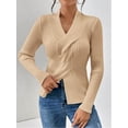 thumbnail image 4 of Sweaters for Women Fall Long Sleeve V Neck Ribbed Knit Sweater Slim Fit Solid Basic Casual Tops Khaki S, 4 of 9