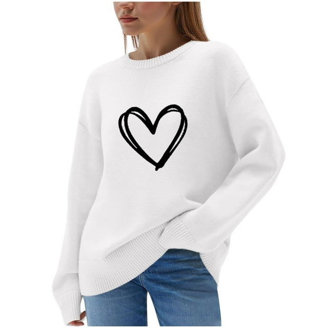 FMFYFH Chandails pour Femmes Grande Taille Valentines Surdimensionnés Mignons à Imprimé Cœur Chandail Graphique Décontracté à Col Rond Chandail à Enfiler