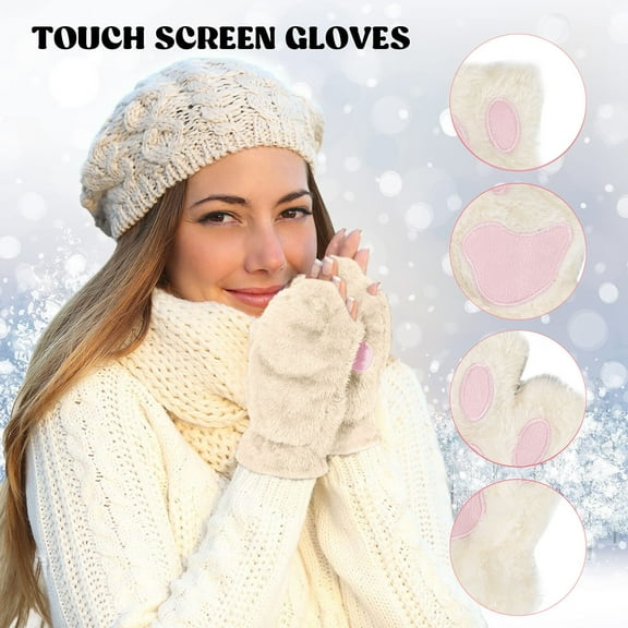 DOPI Gloves Fingerless For Women Gloves Cat Gloves Girls Warm Half TPlush Gloves Cat Cute Finger Winter Winter Sports Equipment Cooling Hats for Men for Hot Weather White