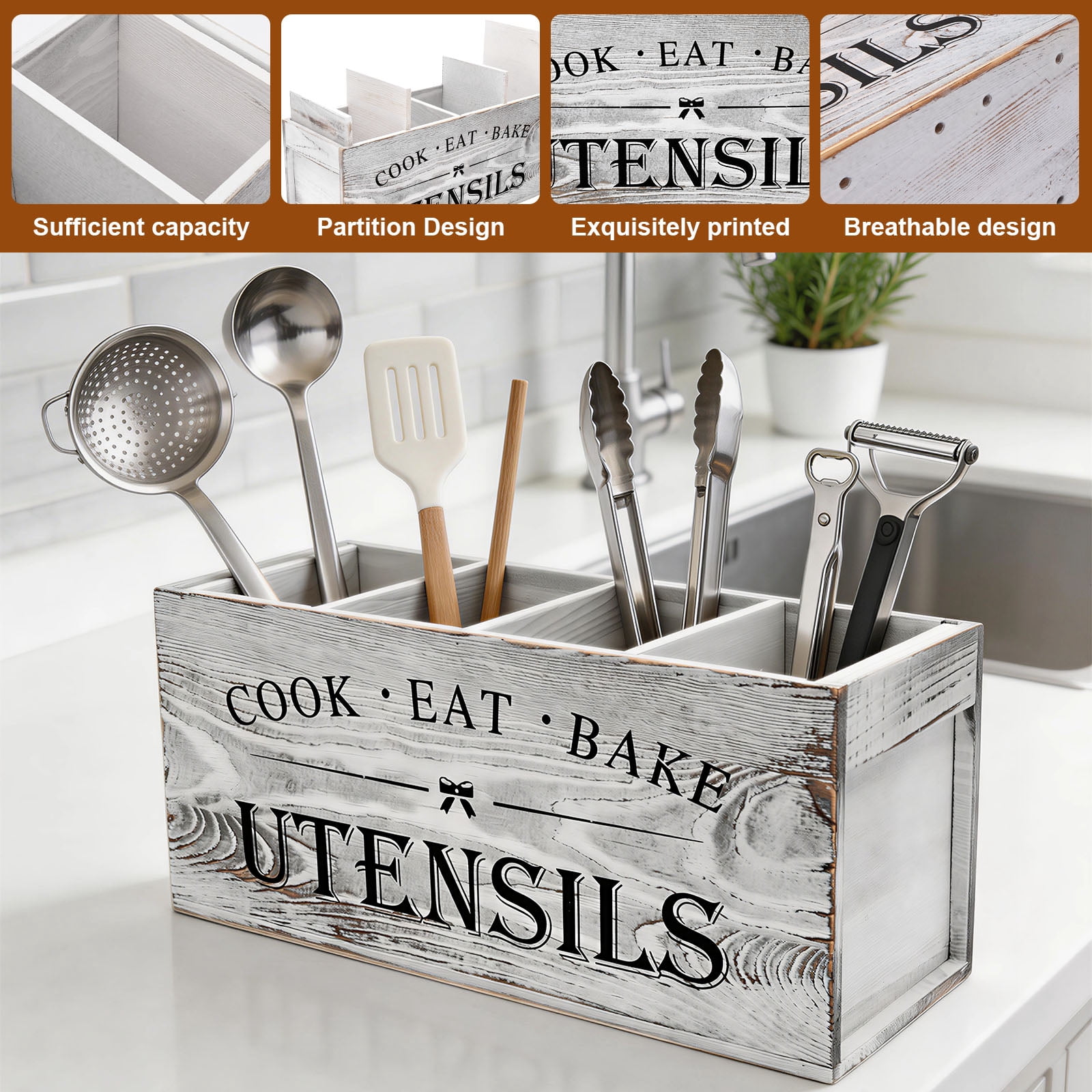 Ihvewuo Wooden Utensil Holder Sturdy Kitchen Cooking Utensil Organizer with 4 Detachable Compartment Utensil Crock Holder for Kitchen Countertop Farmhouse Kitchen Decor Black