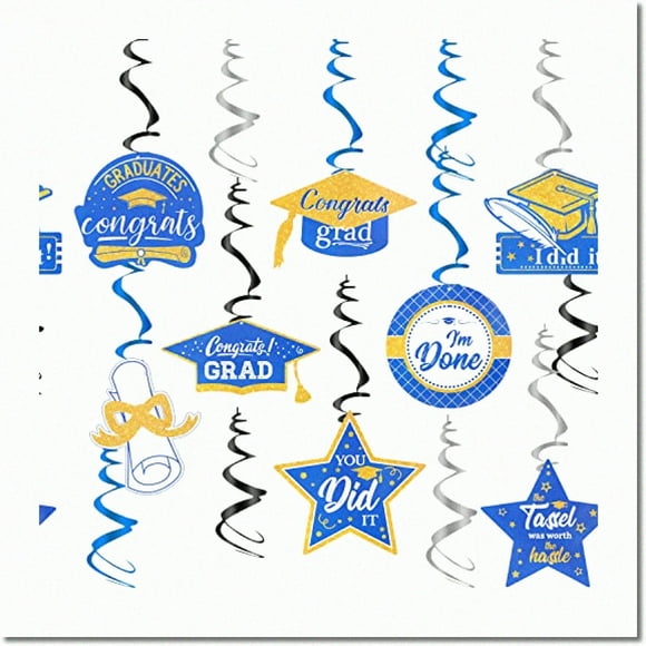 2024 Graduation Celebration Kit: Blue and Gold Hanging Swirls - No DIY Required!