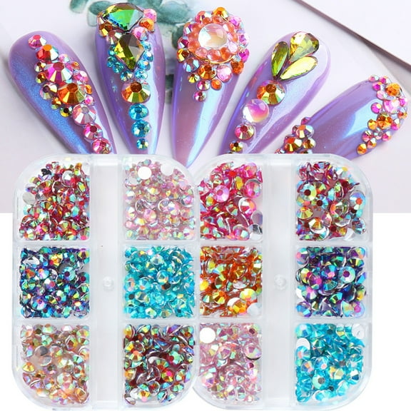 Joernso 6Grids/Box Flat Back Nail Art Rhinestone Non-Drop Easily Stick Clear Colorful Flat Bottom DIY Nail Art 3D Decoration for Manicure