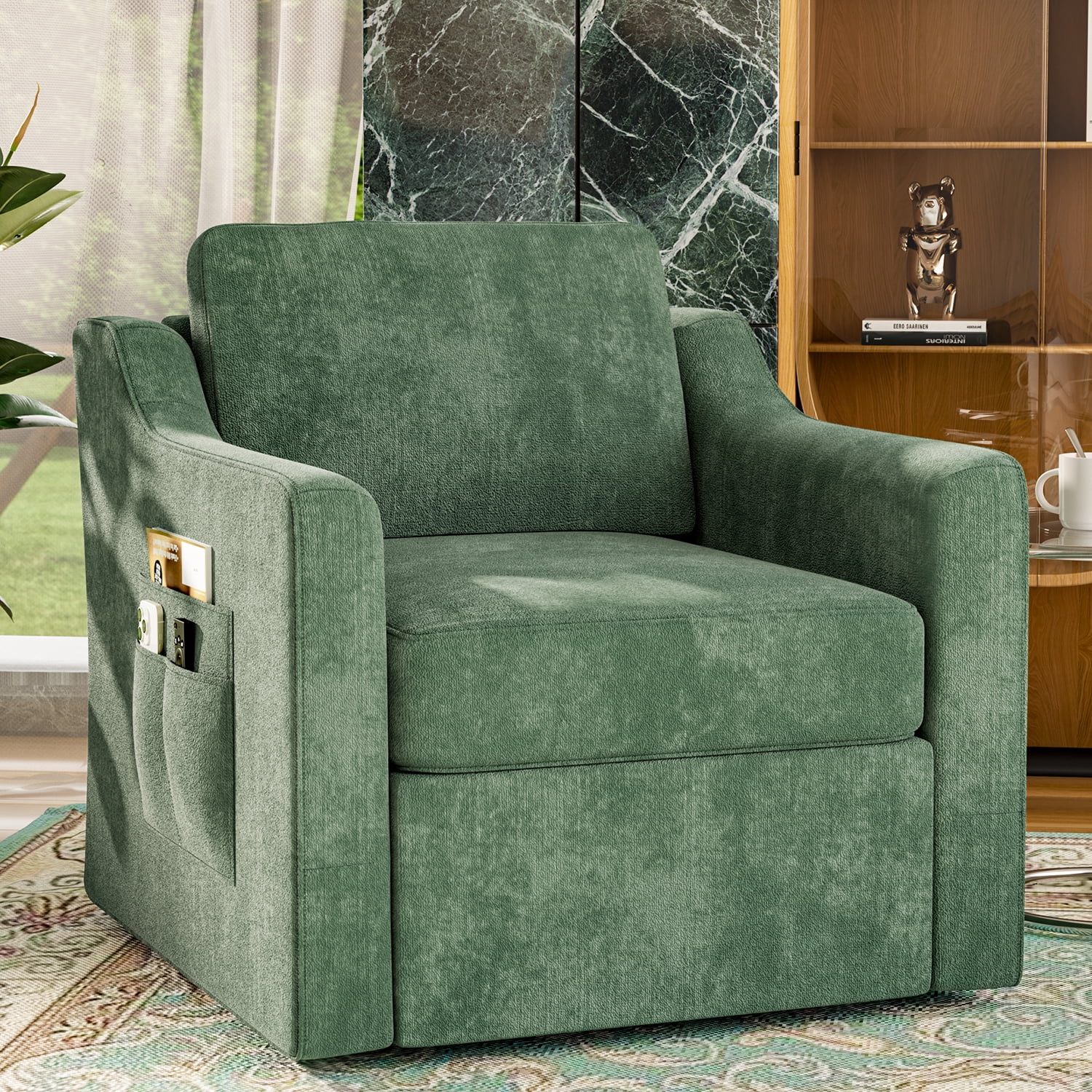 ZBOM 360° Swivel Modern Accent Chair Set of 2, Large Comfy Reading Chairs, Accent Square Single-seat Armchair Upholstered Sofa for Reading, Living Room, Bedroom, Green