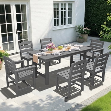 KINGYES 7-Piece Outdoor Dining Set, HDPE Patio Table and Chairs with Umbrella Hole, Gray